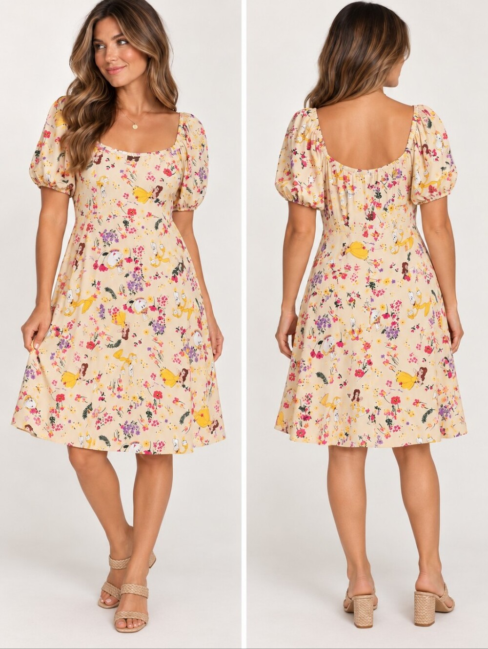 Disney Princess Belle Floral Puff Sleeve Dress Size 1X Cottagecore Midi Rayon